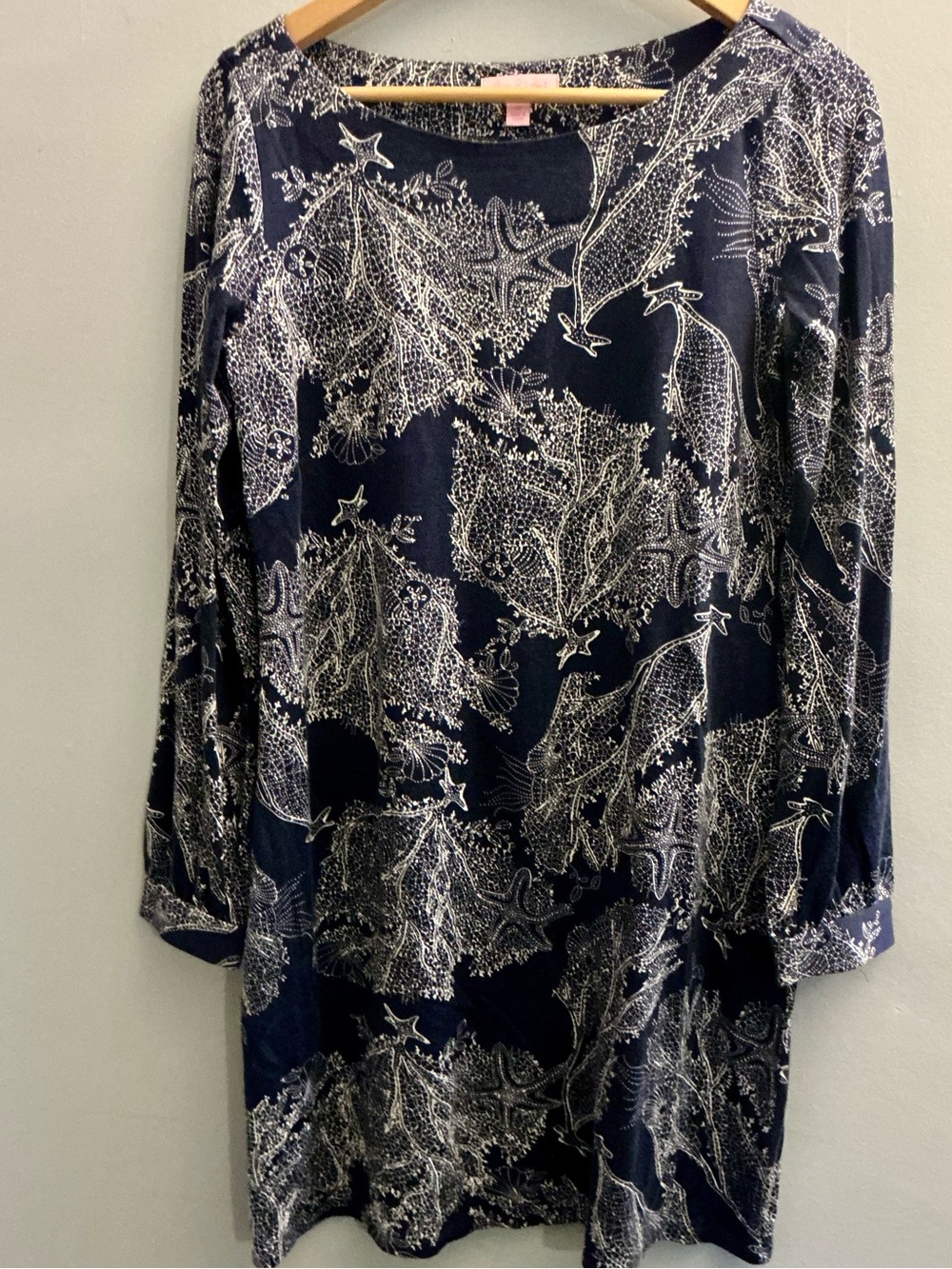 Lilly Pulitzer Silk Cotton Navy Sea Life Long Sleeve Shift Dress M